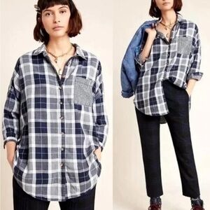Pilcro by Anthro Bo Navy White Plaid women’s shirt size XS/S